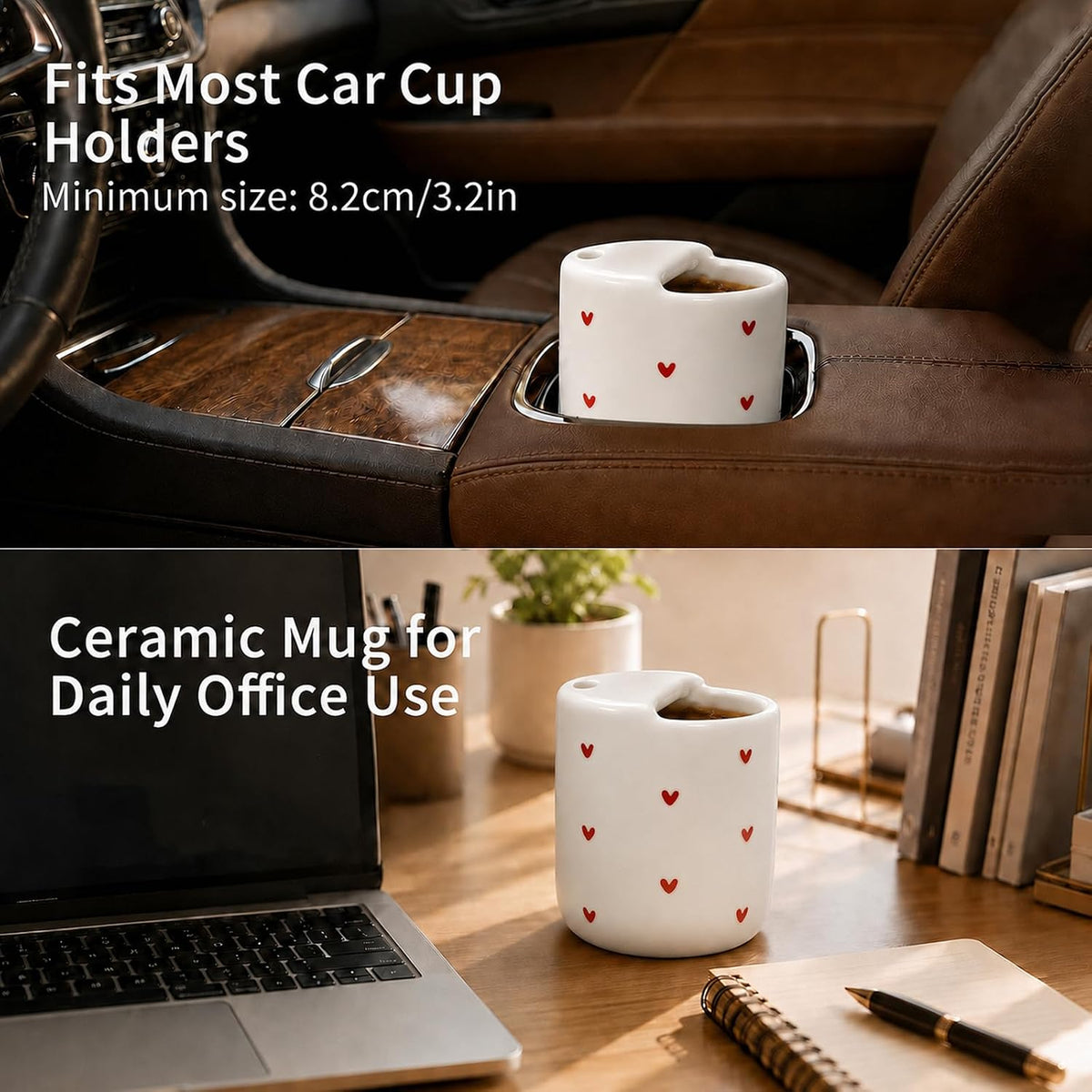To Go Ceramic Coffee Cups with Lids, Romantic Red Hearts Ceramic Traval Mug with Sip Hole, 12oz Ceramic Sip Cups Pottery Travel Mug, Gifts For Him Her
