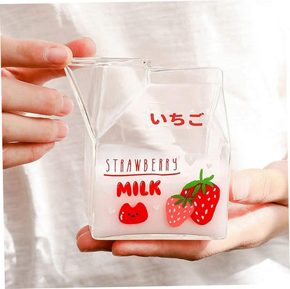 Milk Carton Glass Mug Square Cute Breakfast Cup for Home Portable Students Clear Milk Cups Strawberry