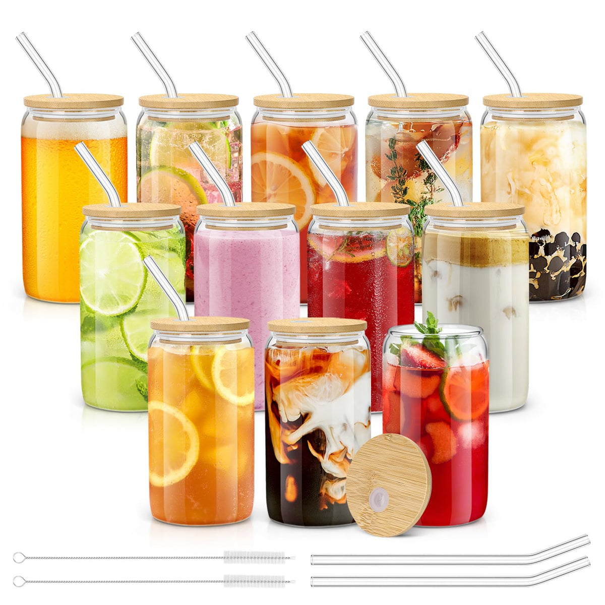 sungwoo 4PCS Glass Cups with Bamboo Lids and Straws, 16OZ Ice Coffee Cup, Drinking Cup set with Wooden Lids, Home Essential Glass Tumblers for Beer, Cocktail, Tea and Latte Clear