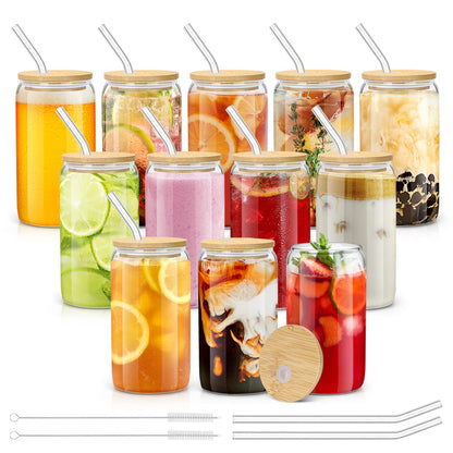 sungwoo 4PCS Glass Cups with Bamboo Lids and Straws, 16OZ Ice Coffee Cup, Drinking Cup set with Wooden Lids, Home Essential Glass Tumblers for Beer, Cocktail, Tea and Latte Clear
