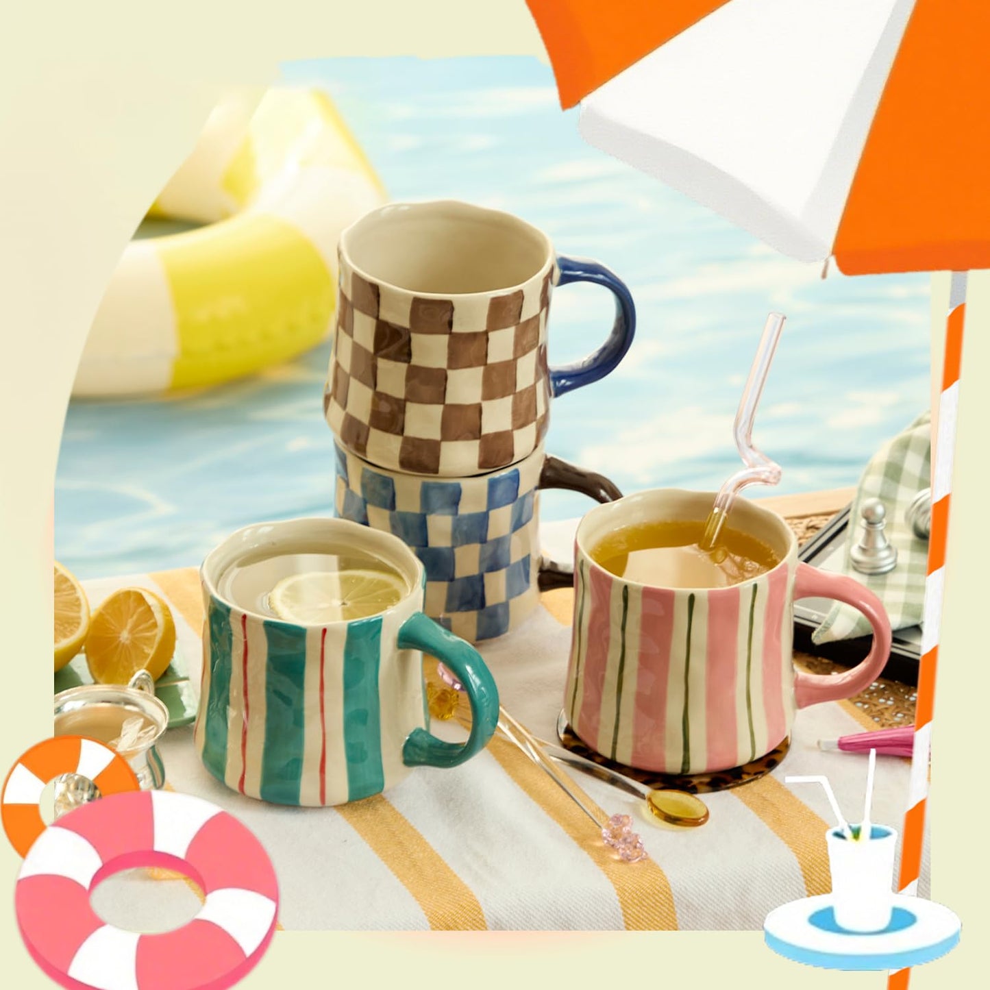 Striped Ceramic Coffee Mugs Set of 2, Pink and Green Stackable Stoneware Mugs for Morning Coffee, Tea & Cocoa, 12oz Dishwasher & Microwave Safe Mug Gift Set for Home & Office