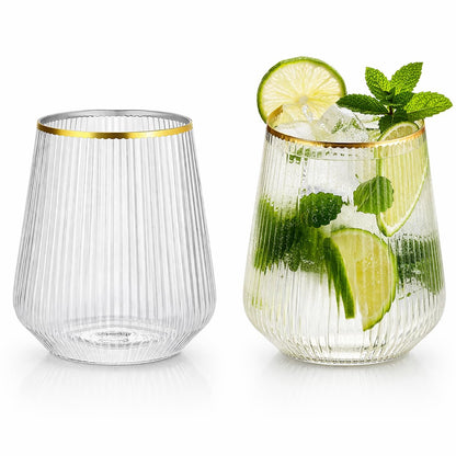 40 Pack 12oz Ribbed Stemless Disposable Plastic Wine Glasses, Shatterproof | BPA-Free Recyclable Reusable Cocktail Champagne Whiskey Cups, Unbreakable Clear PET for Wedding Party Birthday Outdoor Events