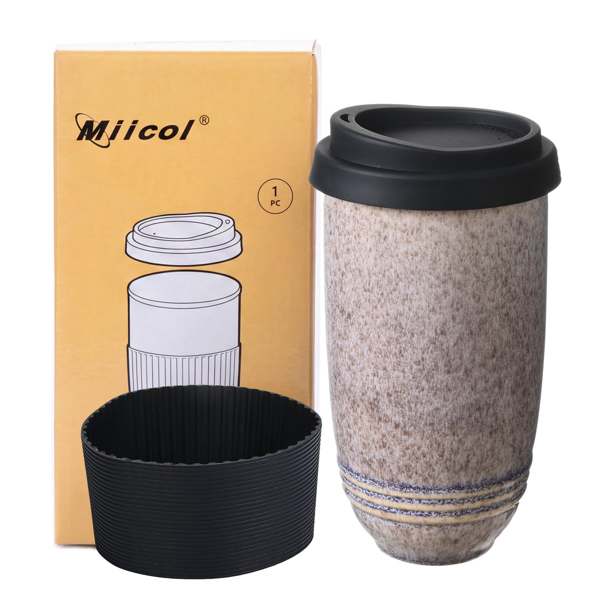 Miicol Ceramic Coffee Mug, 16 oz Large Coffee Cup, Tea Mug with Handle, Flat Bottom Mug for Men, Women, Office, Microwave and Dishwasher Safe, Multi-Color, Black