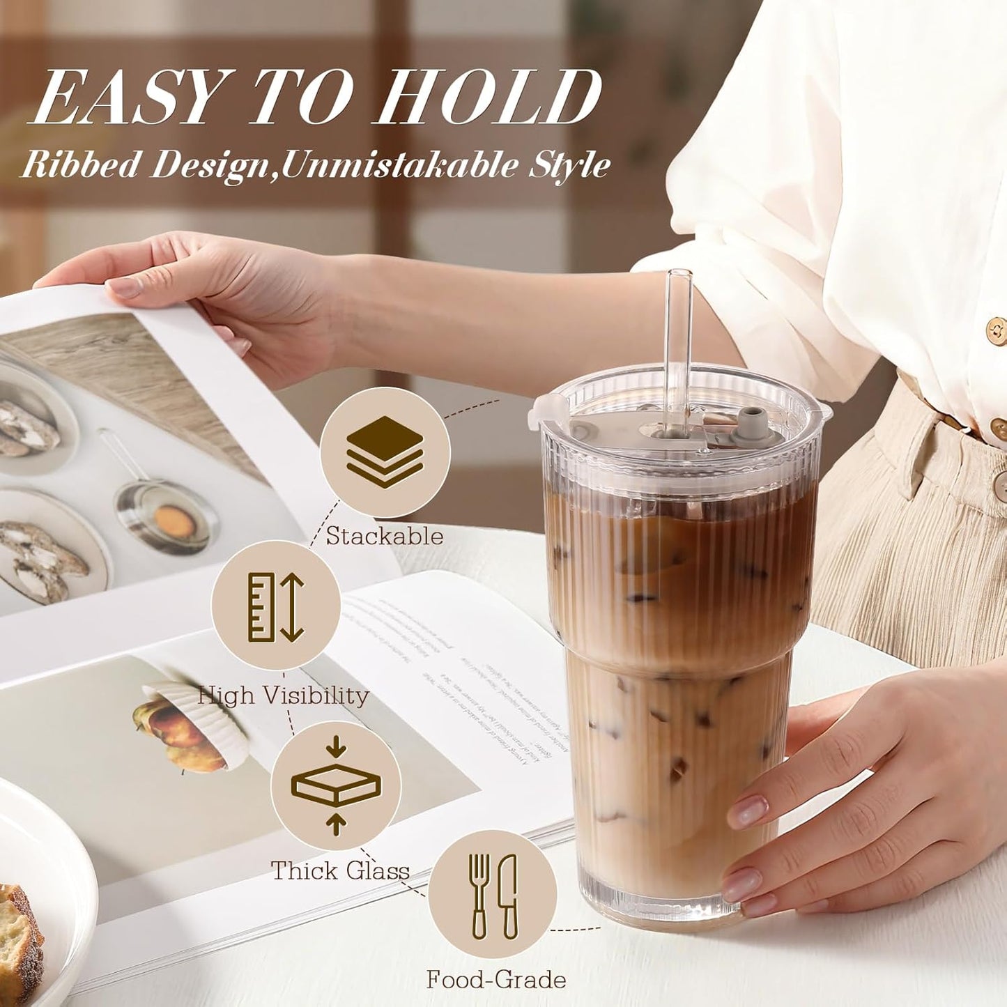 Iced Coffee Cups with Lids 2Pcs: Ribbed Glass Tumbler with Straw and Lid 20oz - Vintage Glass Cups with Lids and Straws - Tumbler Leak Proof Aesthetic Drinking for Coffee Bar Accessories