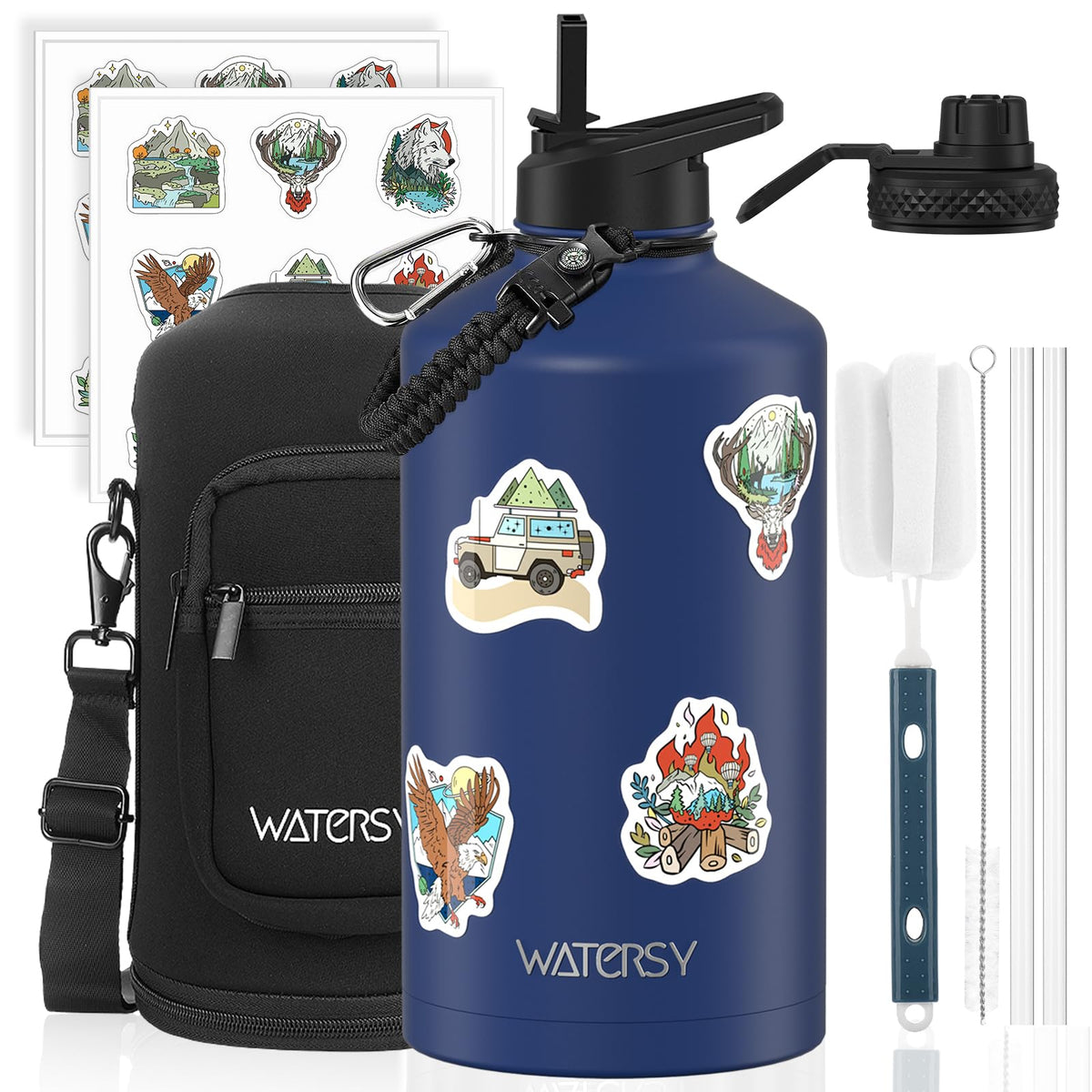 64oz Insulated Water Bottle (Cold for 48 Hrs),BPA Free&Leak Proof,Half Gallon Stainless Steel Water Flask,Water Jug with Straw Spout Lids for Gym,Hiking,Camping,Black Blue