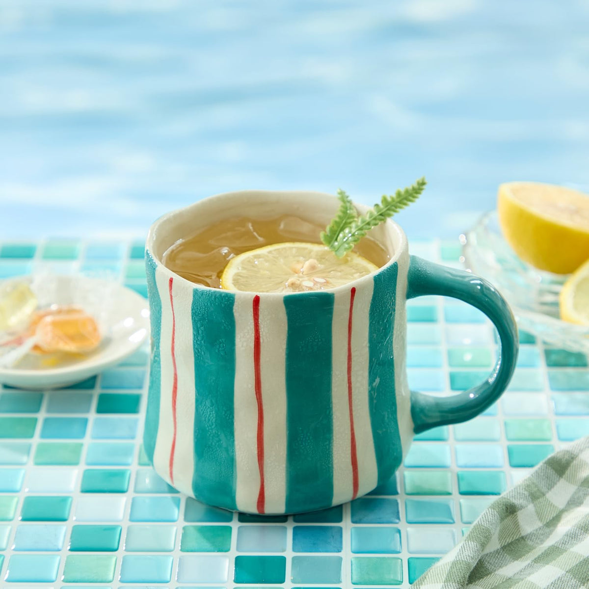 Striped Ceramic Coffee Mugs Set of 2, Pink and Green Stackable Stoneware Mugs for Morning Coffee, Tea & Cocoa, 12oz Dishwasher & Microwave Safe Mug Gift Set for Home & Office