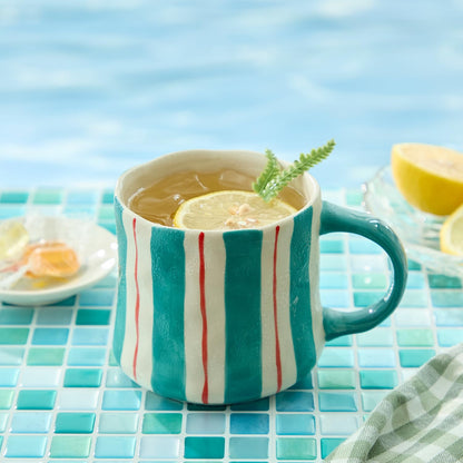Striped Ceramic Coffee Mugs Set of 2, Pink and Green Stackable Stoneware Mugs for Morning Coffee, Tea & Cocoa, 12oz Dishwasher & Microwave Safe Mug Gift Set for Home & Office