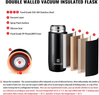 Small Thermo Bottle Mini Vacuum Insulated Water Bottle 200ml/6.8oz Water Flask Stainless Steel Thermal Water Bottles Thermo for Hot and Cold Drinks for Purse Handbag Pocket (Black)