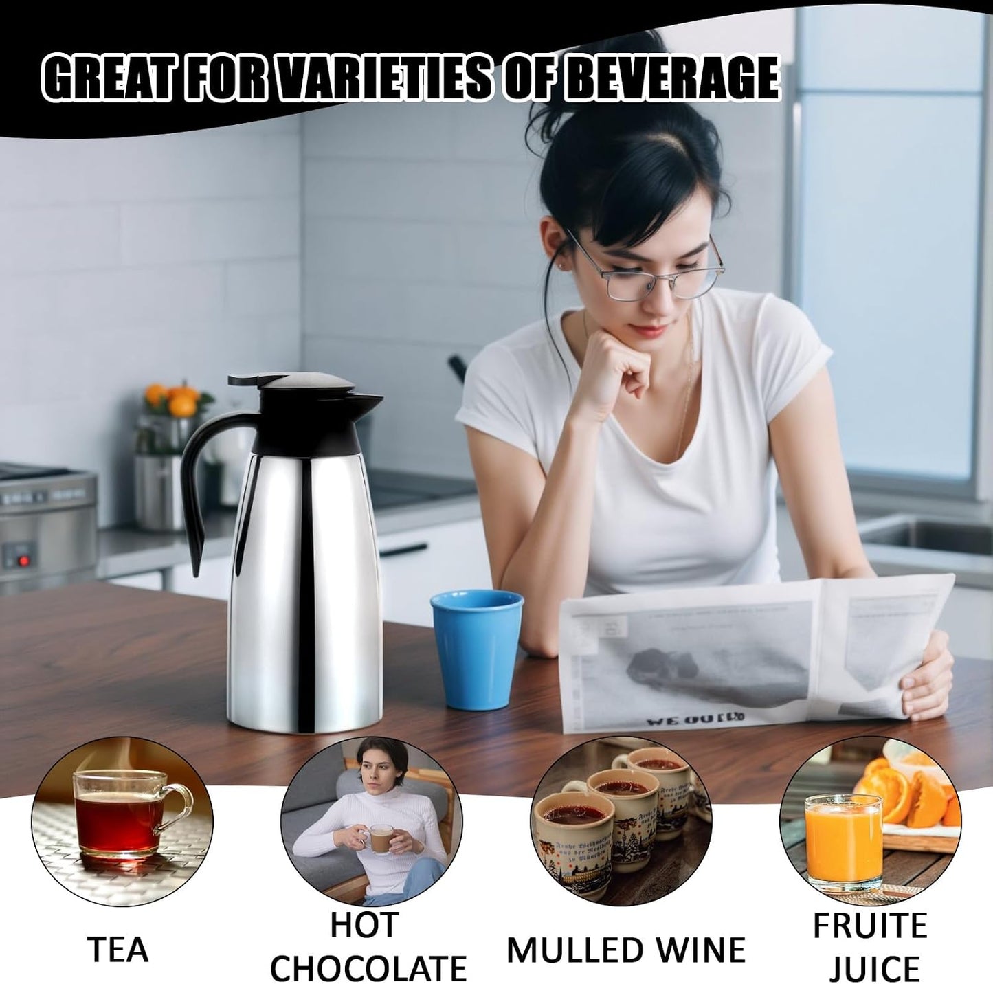 2 PCS 68 OZ Thermal Coffee Carafe Insulated Stainless Steel Pitcher | Double Walled Vacuum Pot Flask Creamer Pitcher Dispenser with Brushes Keeping Hot Water Milk Tea
