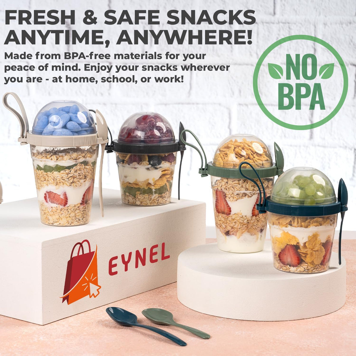 4 Pack On The Go Cereal Yogurt Cups with Lids and Spoon, 20 oz Reusable Parfait Plastic Milk Breakfast Crunch Granola Oatmeal Smoothie Snack Prep Bowl (4 Colors Set With Handle, 20 oz)