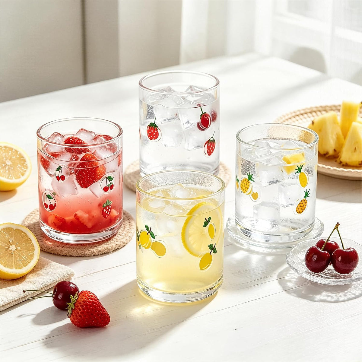 4 Pack Fruit Icon Juice Glasses Set | 14oz Stemless Fruit Printed Cups for Iced Coffee Juice Cocktails Water, Summer Party Glassware Housewarming Beverage Gift