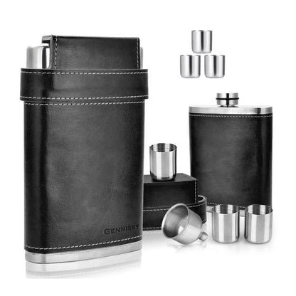 GENNISSY 8oz Hip Flask for Men - 304(18/8) Stainless Steel Bourbon Whiskey Flask, Leakproof with Brown Leather Wrap - Includes Funnel & 3 Mini Cups for Dad, Gifts, Travel