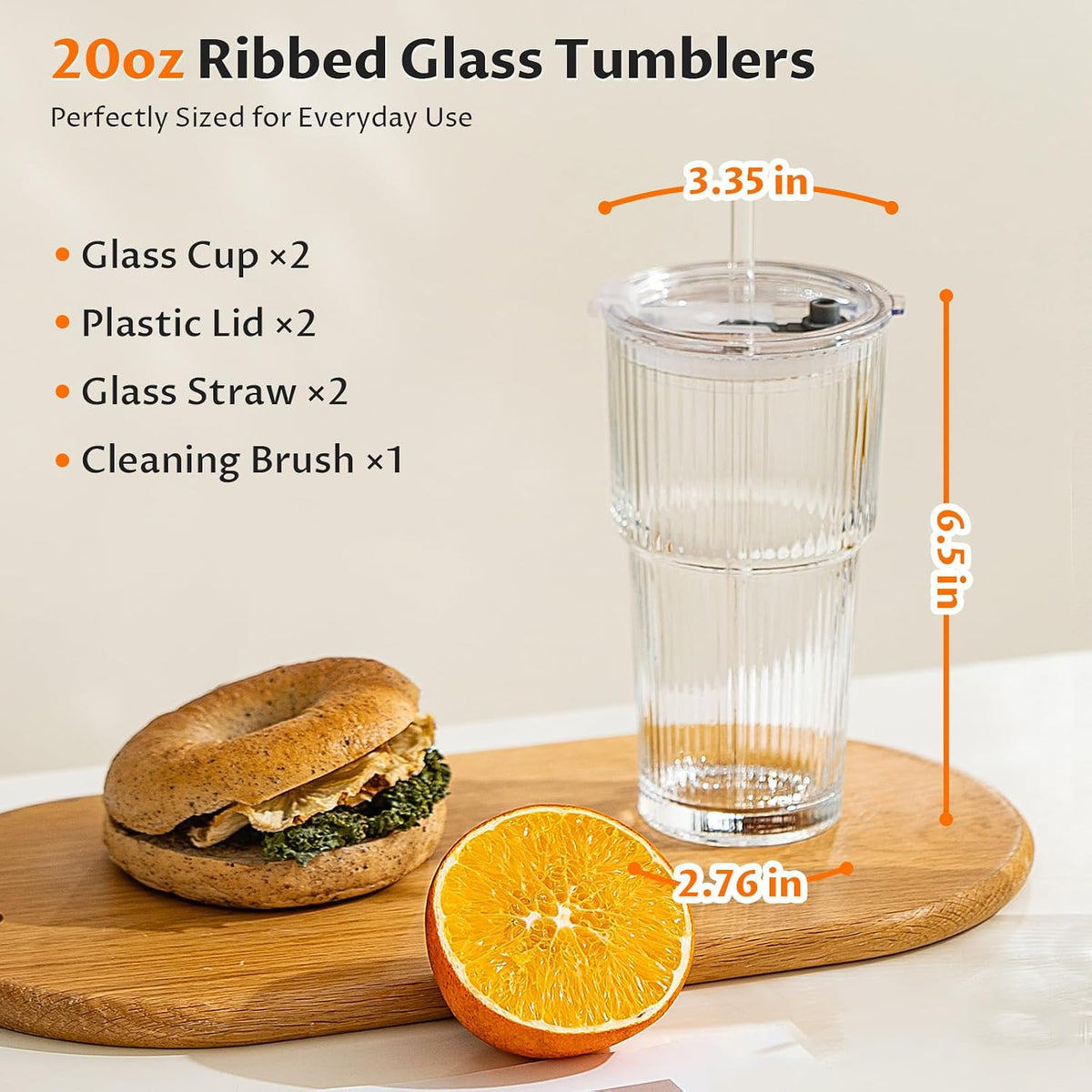 20oz Iced Coffee Cups with Lids, Glass Coffee Cups with Lids and Straws | Clear Reusable Drinkware, Secure Leak-Resistant Lids, Cup-Holder Friendly, Ideal for Iced Coffee, Tea, Juice and Smoothies
