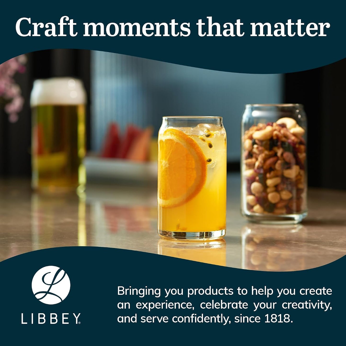 Libbey Classic Can Shaped Drinking Glasses Set of 4, Clear Kitchen Glass Tumbler, 16 Oz, Dishwasher Safe Glass Cups Set for Beverages and Cocktails