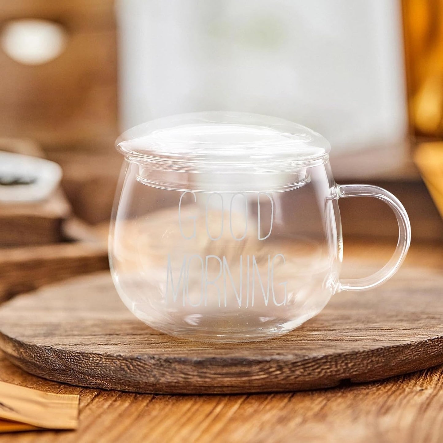 Glass Milk Cup with Handle 300ml Heat-resistant Beverage Mug for Breakfast, Coffee, Tea, and Cereal – Single White Lettering Cup with Lid for Home Use