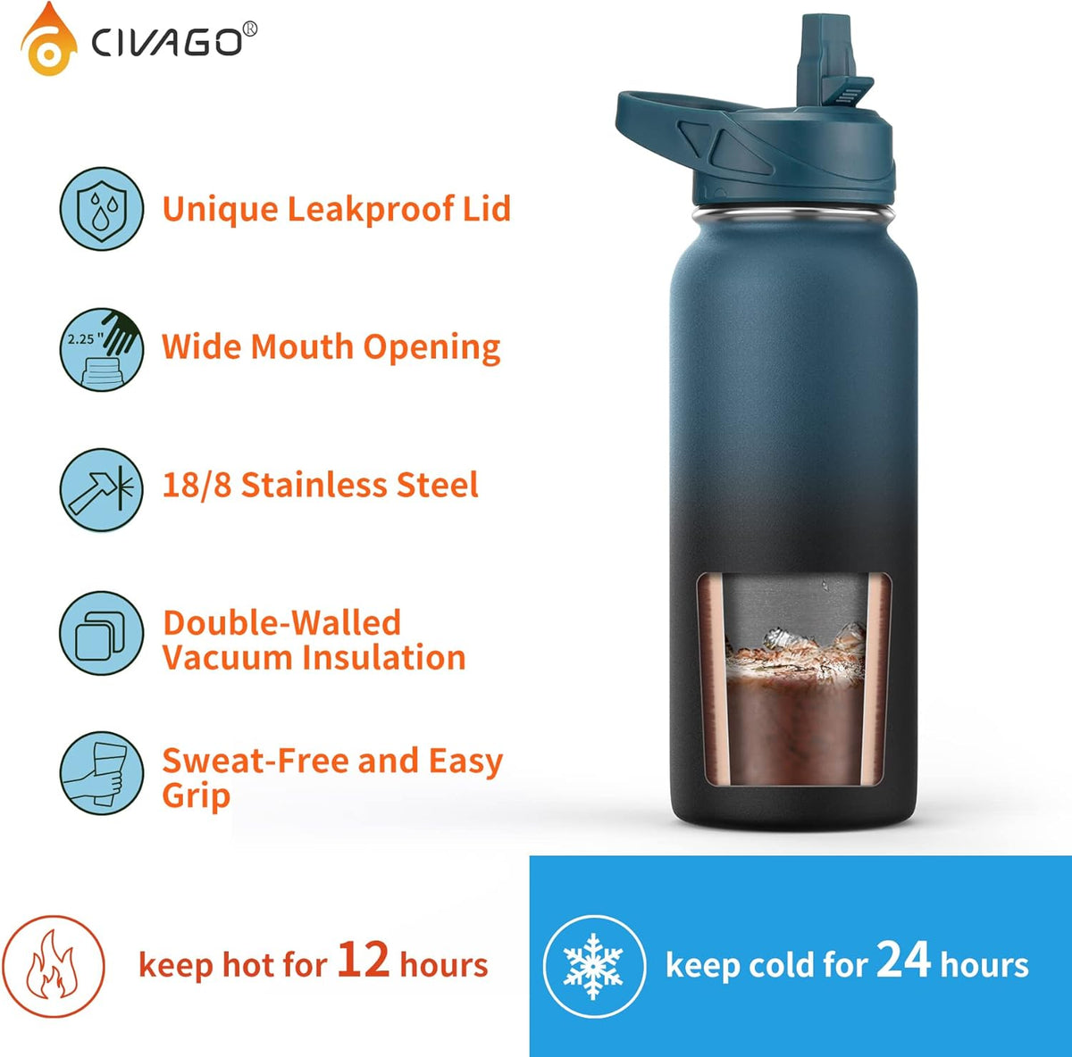 CIVAGO 40 oz Insulated Stainless Steel Water Bottle With Straw and 3 Lids | Large Metal Sports Water Jug, Leakproof Reusable Wide Mouth Thermal Flask Cup with Silicone Boot, BPA-Free, Midnight Black