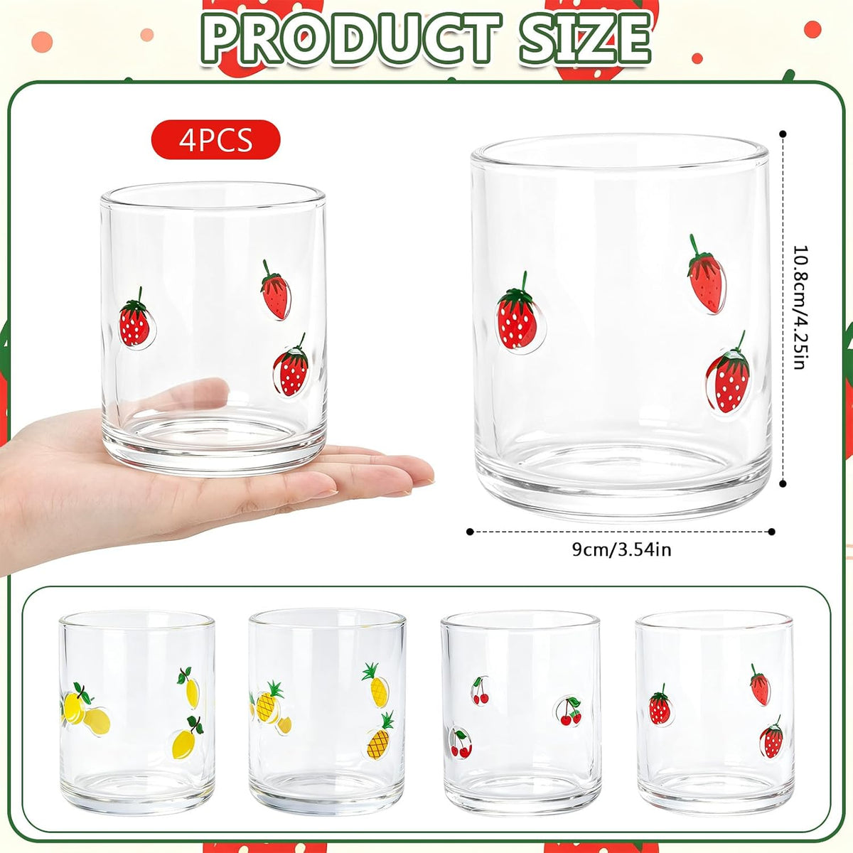 4 Pack Fruit Icon Juice Glasses Set | 14oz Stemless Fruit Printed Cups for Iced Coffee Juice Cocktails Water, Summer Party Glassware Housewarming Beverage Gift