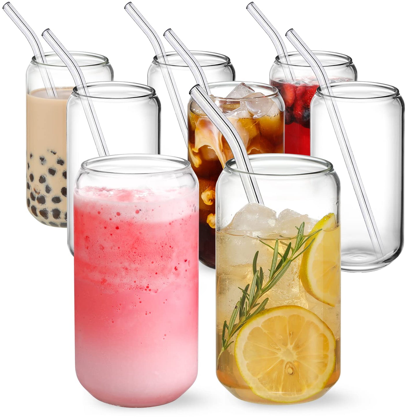NETANY Drinking Glasses with Glass Straw 4pcs Set - 16oz Highball Glass Cups, Beer Glasses, Iced Coffee Glasses, Cute Tumbler Cup, Ideal for Whiskey, Soda, Tea, Water, Gift, 2 Brushes