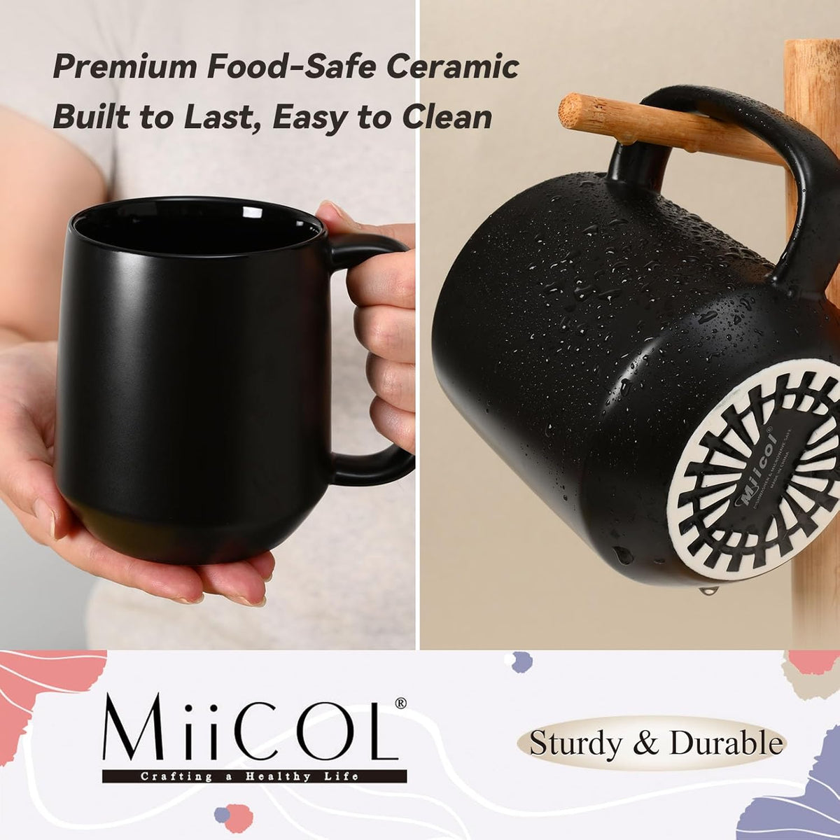 Miicol Ceramic Coffee Mug, 16 oz Large Coffee Cup, Tea Mug with Handle, Flat Bottom Mug for Men, Women, Office, Microwave and Dishwasher Safe, Multi-Color, Black
