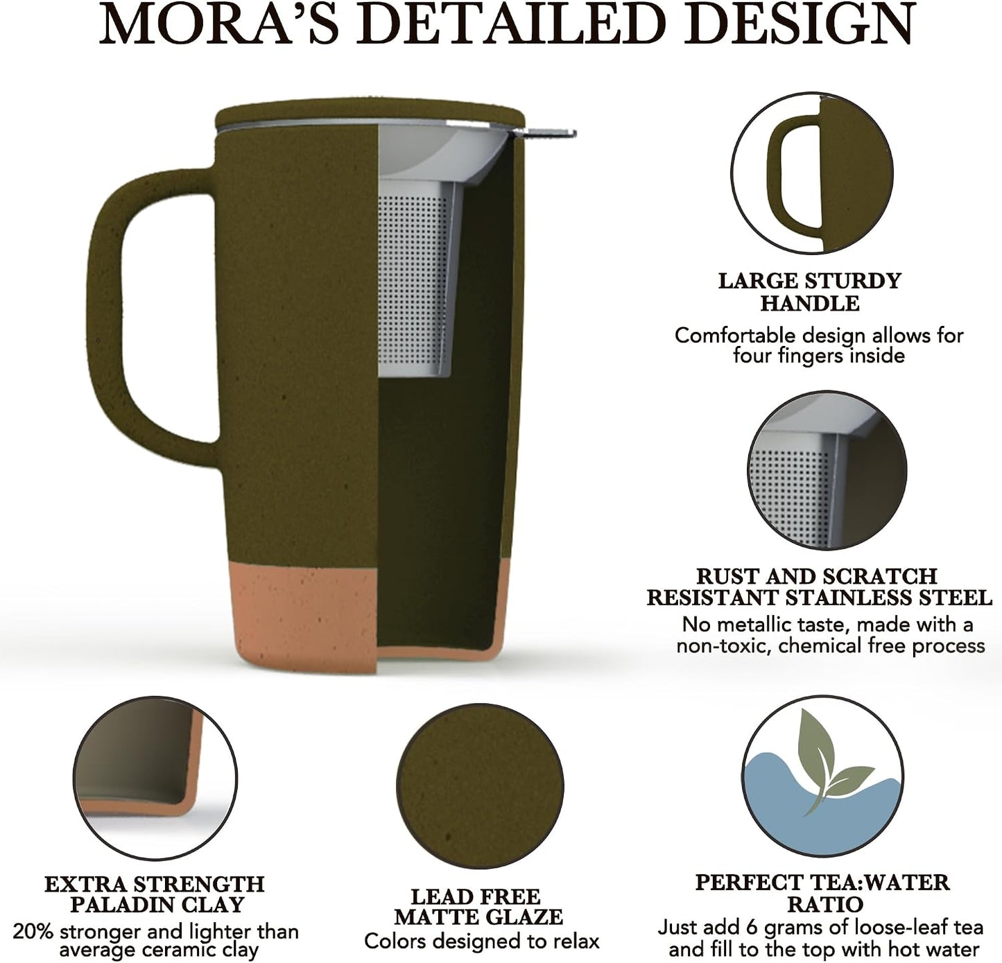 Mora Ceramics Large Tea Mug with Loose Leaf Infuser and Ceramic Lid, 18 oz, Portable, Microwave and Dishwasher Safe, Tall Coffee Cup - Rustic Matte Ceramic Glaze, Modern Herbal Tea Strainer, Olive