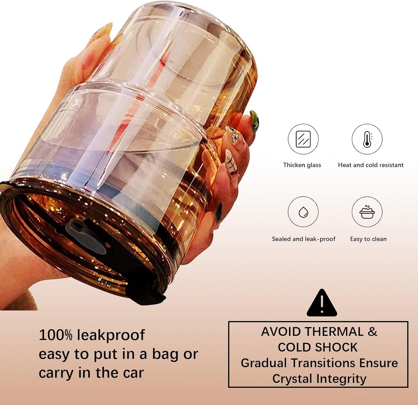 BLUEPOLAR 13oz/400ml Tumbler Water Glass, Cups with Straw and Lid Sealed Carry on for Coffee, Iced Tea, Thick Wall Insulated Glass Cup (Amber)…