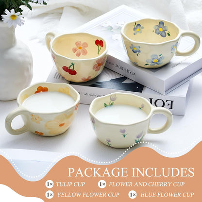 Vesici 4 Pack Ceramic Flower Coffee Mug with Spoon 8.5 oz, Cute Aesthetic Tea Cups with Handle for Tea, Milk, Latte Mugs for Coffee Bar Women Birthday Housewarming Gifts, Dishwasher Microwave Safe