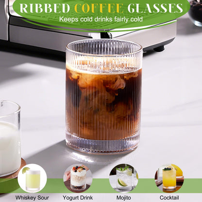 Ribbed Drinking Glasses Cups Set of 8 Large Capacity Highball 17oz&12oz | Rocks Cocktail Glasses Ideal for Beer, Juice, Water, Ice Coffee Cup, Whiskey, Mixed Drinkware