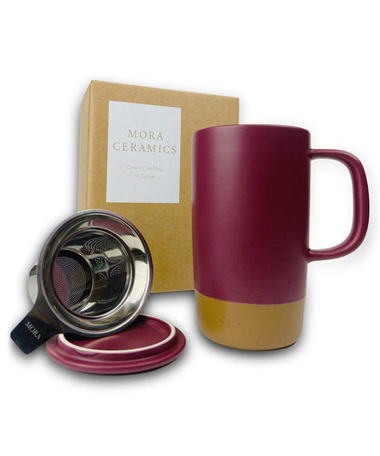 Mora Ceramics Large Tea Mug with Loose Leaf Infuser and Ceramic Lid, 18 oz, Portable, Microwave and Dishwasher Safe, Tall Coffee Cup - Rustic Matte Ceramic Glaze, Modern Herbal Tea Strainer, Olive
