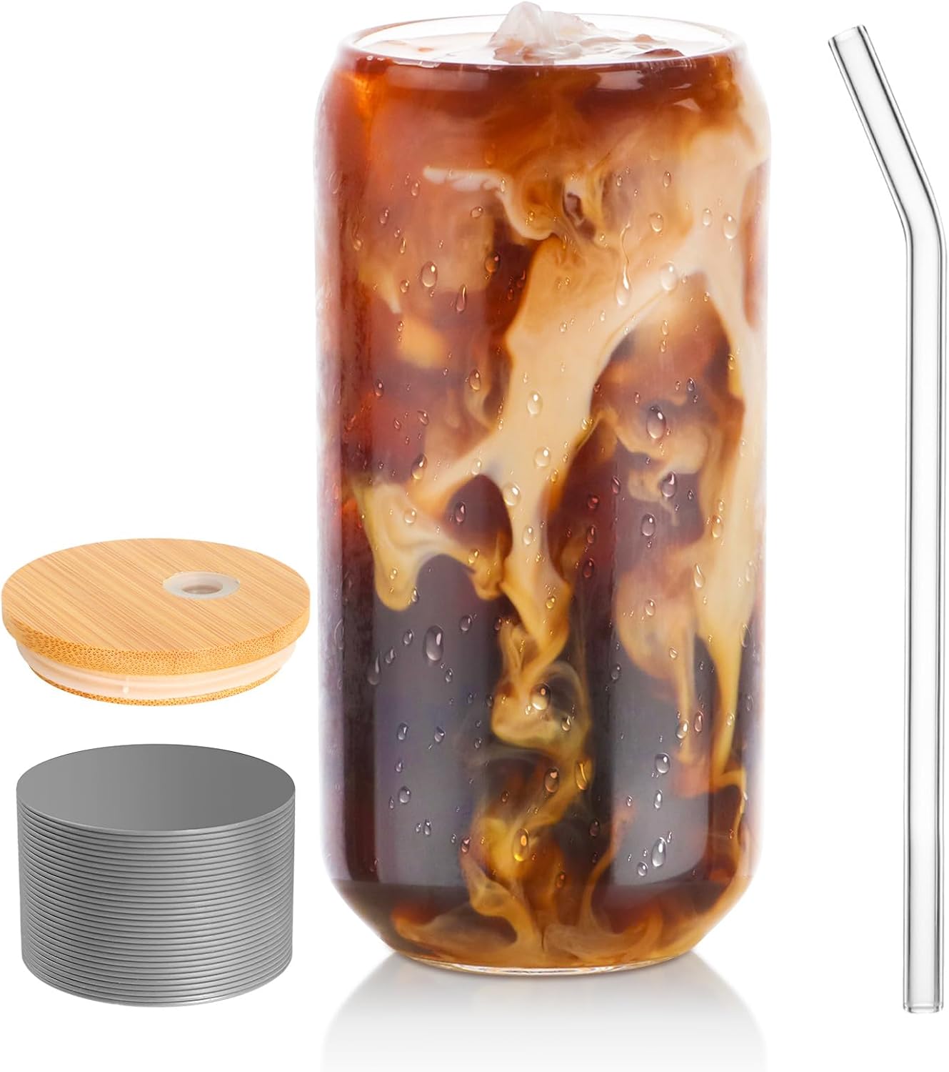 Drinking Glasses with Lid, Straw, 16oz Glass Cup Iced Coffee Tumblers, 1 Pc | Sleeve, Can Shaped, High Borosilicate Glass Drinking Set, Hot/Cold Beverages, for Beer, Tea, Juice, Gift, Bar Accessories