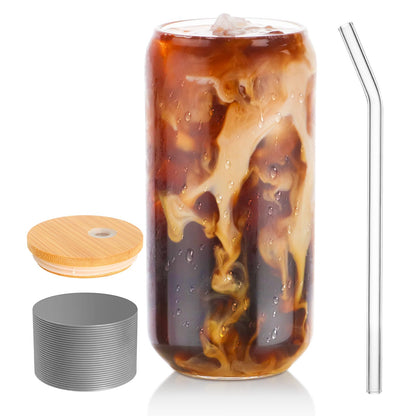 Drinking Glasses with Lid, Straw, 16oz Glass Cup Iced Coffee Tumblers, 1 Pc | Sleeve, Can Shaped, High Borosilicate Glass Drinking Set, Hot/Cold Beverages, for Beer, Tea, Juice, Gift, Bar Accessories