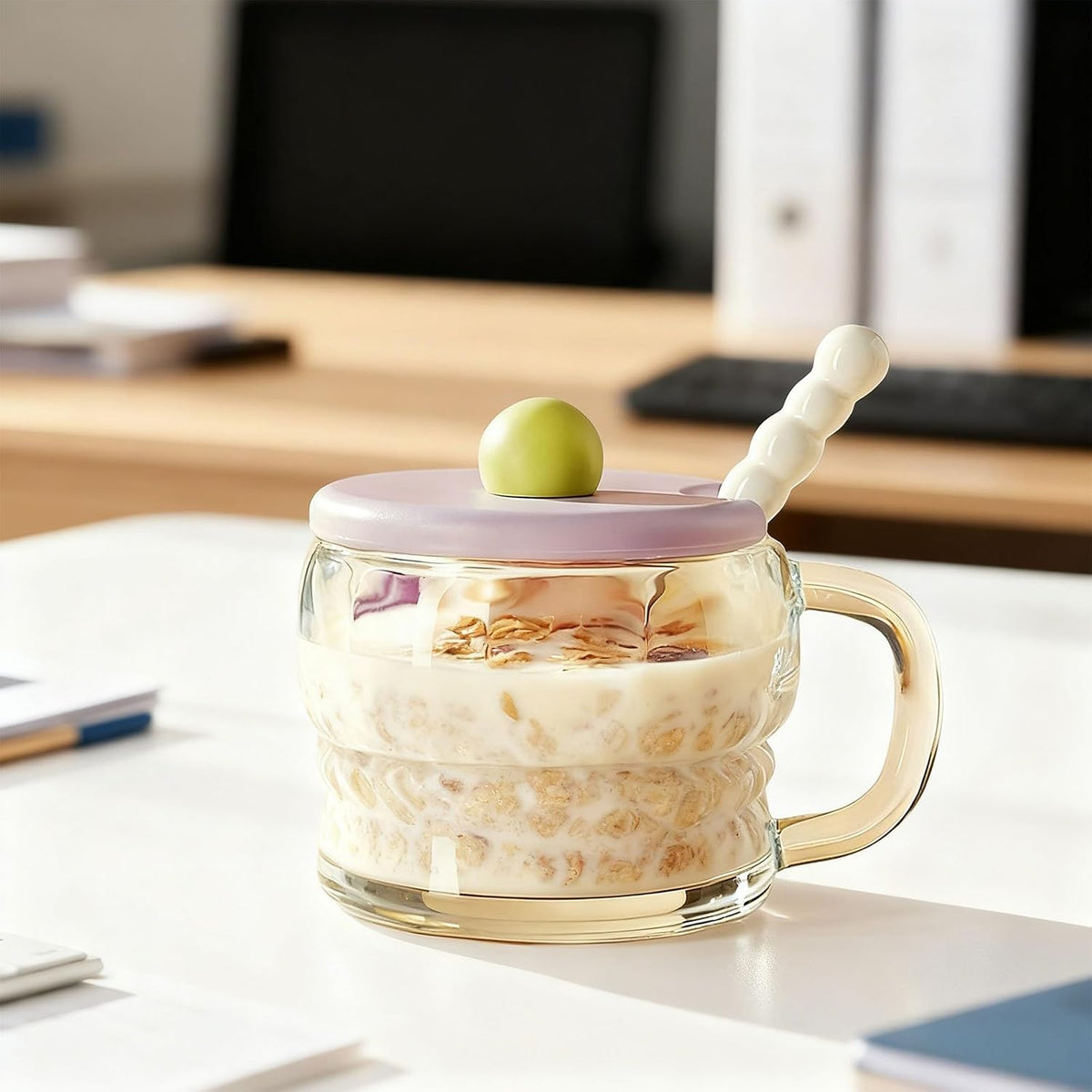 2 Pcs 10.1 Fl Oz Breakfast Cups With Lid And Spoon, Elegant Transparent Glass Coffee Mugs With Handle For Milk, Oatmeal, Yogurt