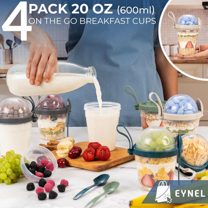 4 Pack On The Go Cereal Yogurt Cups with Lids and Spoon, 20 oz Reusable Parfait Plastic Milk Breakfast Crunch Granola Oatmeal Smoothie Snack Prep Bowl (4 Colors Set With Handle, 20 oz)