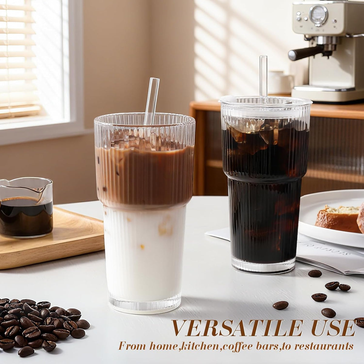 Iced Coffee Cups with Lids 2Pcs: Ribbed Glass Tumbler with Straw and Lid 20oz - Vintage Glass Cups with Lids and Straws - Tumbler Leak Proof Aesthetic Drinking for Coffee Bar Accessories