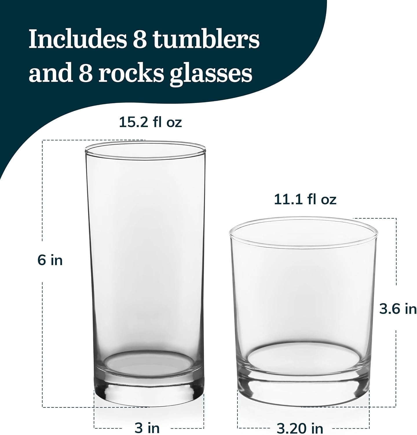 Province Tumbler & Rocks Drinking Glasses Set of 16, Tall Glass Cups | 15.2 oz and 11.1 oz Capacities for Water, Juice, Cocktails, and More with Lightweight Design and Dishwasher-Safe Cleanup