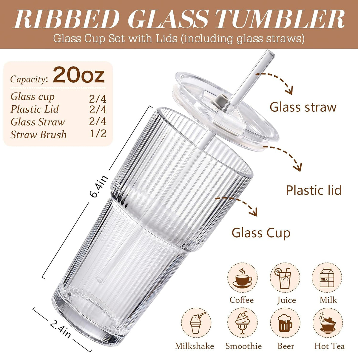 Iced Coffee Cups with Lids 2Pcs: Ribbed Glass Tumbler with Straw and Lid 20oz - Vintage Glass Cups with Lids and Straws - Tumbler Leak Proof Aesthetic Drinking for Coffee Bar Accessories