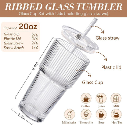 Iced Coffee Cups with Lids 2Pcs: Ribbed Glass Tumbler with Straw and Lid 20oz - Vintage Glass Cups with Lids and Straws - Tumbler Leak Proof Aesthetic Drinking for Coffee Bar Accessories