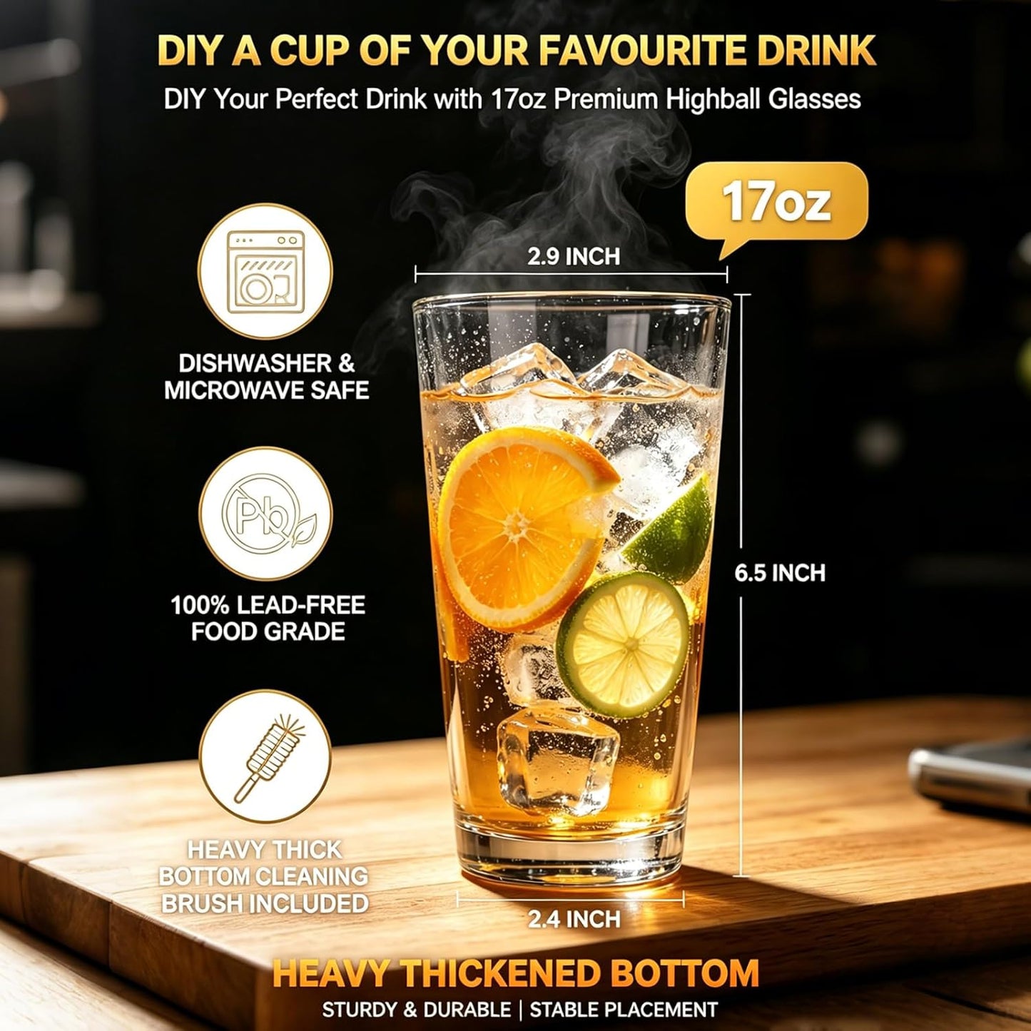 QAPPDA Drinking Glasses Set of 12, 16 oz Clear Glass Cups Cocktail Glasses | Highball Drinking Tumbler Glass Design for Home Dining, Bars, Pubs and Parties & Dishwasher Safe