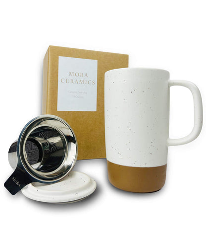 Mora Ceramics Large Tea Mug with Loose Leaf Infuser and Ceramic Lid, 18 oz, Portable, Microwave and Dishwasher Safe, Tall Coffee Cup - Rustic Matte Ceramic Glaze, Modern Herbal Tea Strainer, Olive