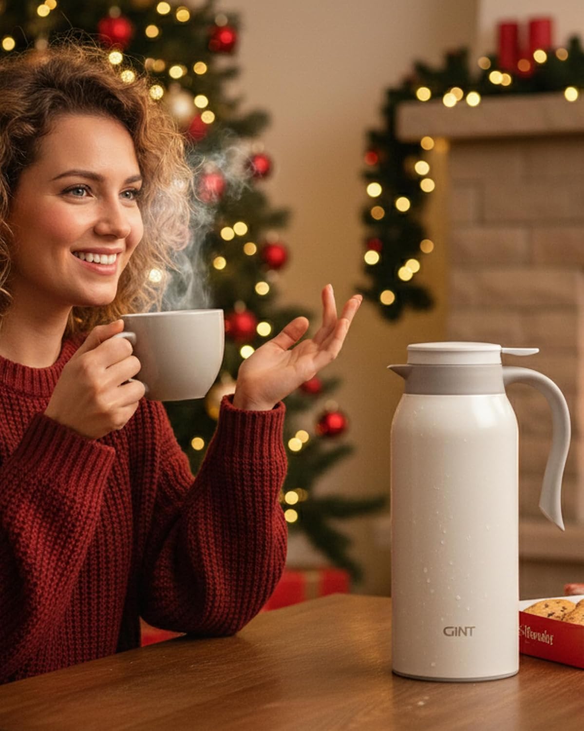 GiNT 51 Oz Stainless Steel Thermal Coffee Carafe, Double Walled Vacuum Insulated Flask, 12 Hour Heat Retention, 1.5 Liter Tea, Water, and Coffee Dispenser (Upgraded version White)
