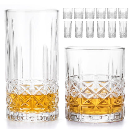 Moretoes Crystal Whisky Drinking Glasses Set of 12, Glass Cups | Mixed Glassware Set, 12 Oz Highball Glasses & 11 Oz Old Fashioned Glasses, Great for Cocktail and Other Beverages