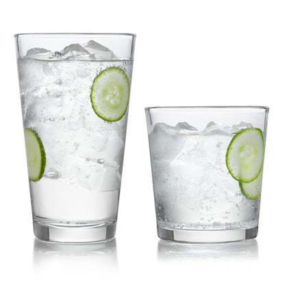 Province Tumbler & Rocks Drinking Glasses Set of 16, Tall Glass Cups | 15.2 oz and 11.1 oz Capacities for Water, Juice, Cocktails, and More with Lightweight Design and Dishwasher-Safe Cleanup