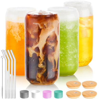 Drinking Glasses with Lid, Straw, 16oz Glass Cup Iced Coffee Tumblers, 1 Pc | Sleeve, Can Shaped, High Borosilicate Glass Drinking Set, Hot/Cold Beverages, for Beer, Tea, Juice, Gift, Bar Accessories