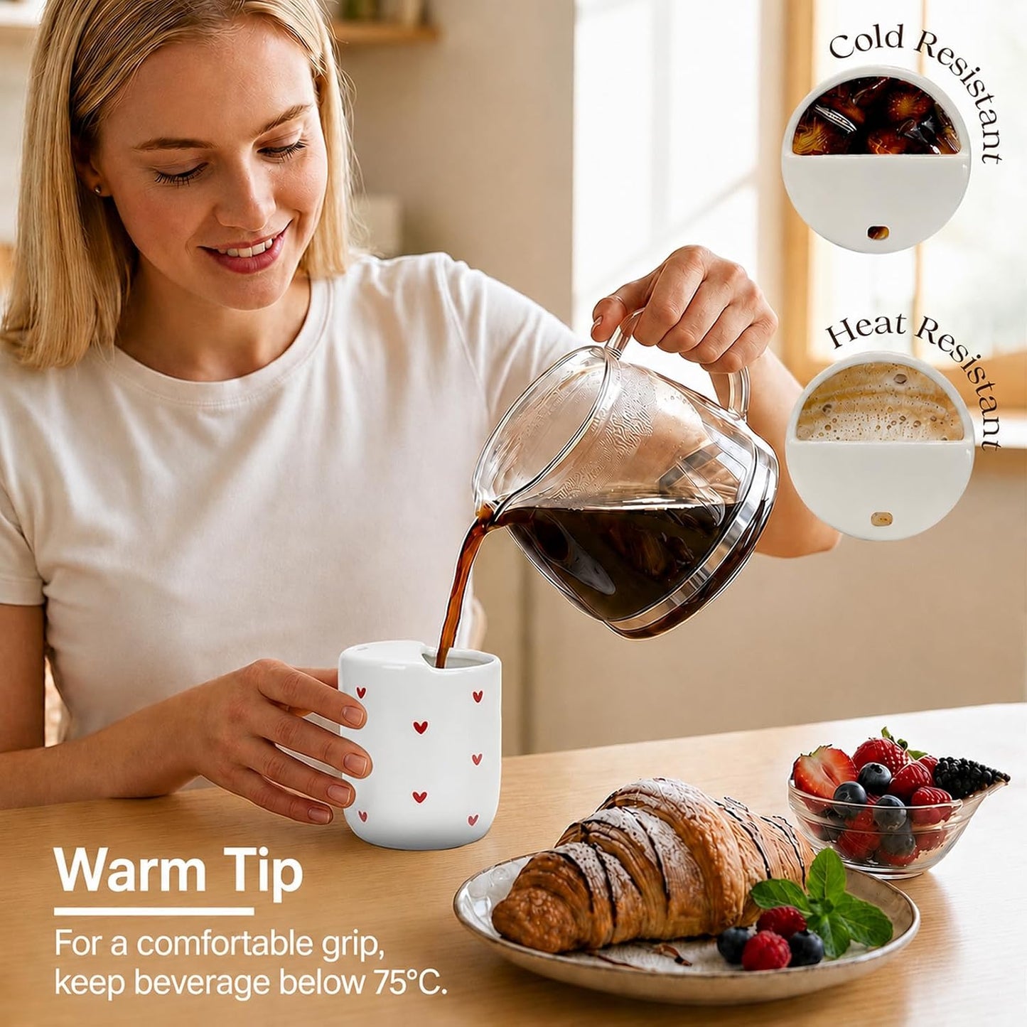To Go Ceramic Coffee Cups with Lids, Romantic Red Hearts Ceramic Traval Mug with Sip Hole, 12oz Ceramic Sip Cups Pottery Travel Mug, Gifts For Him Her