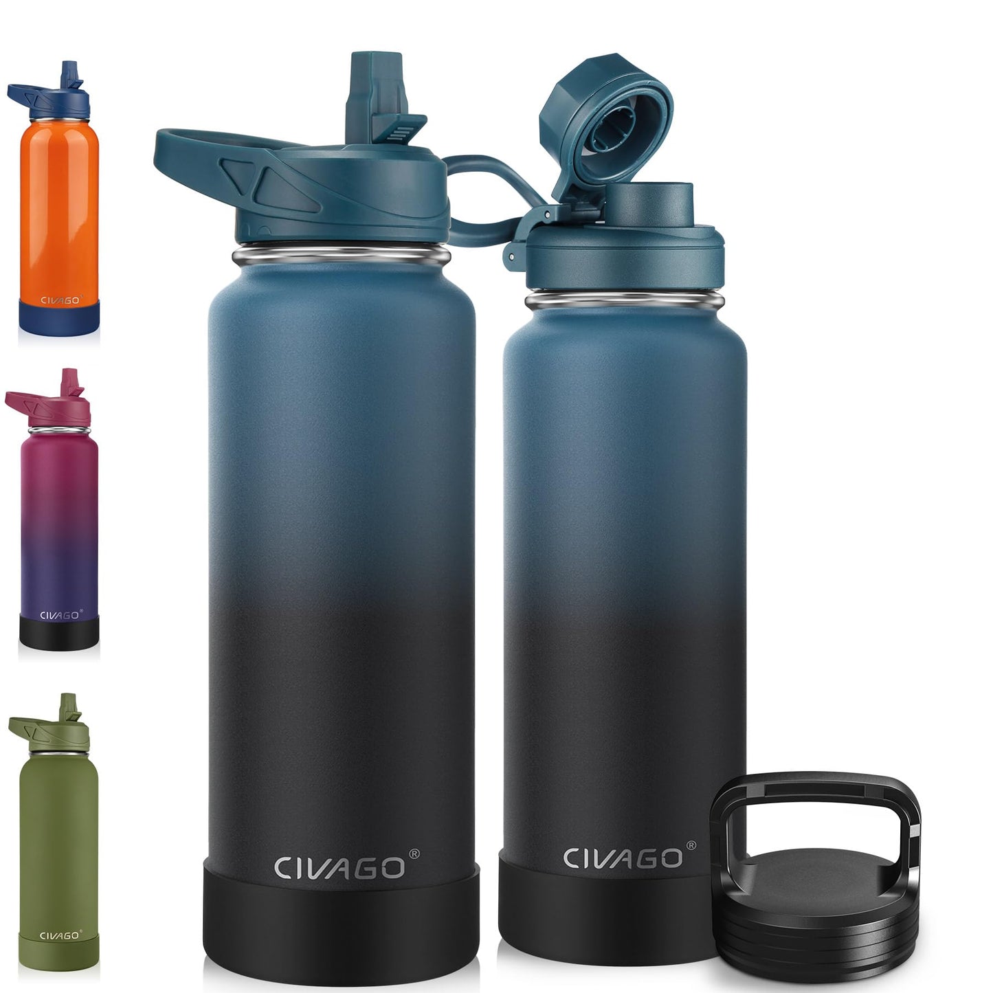 CIVAGO 40 oz Insulated Stainless Steel Water Bottle With Straw and 3 Lids | Large Metal Sports Water Jug, Leakproof Reusable Wide Mouth Thermal Flask Cup with Silicone Boot, BPA-Free, Midnight Black