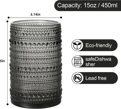 ZMOWIPDL Drinking Glasses Set of 6,15 oz Grey Hobnail Glass Cups | Vintage Glassware，Embossed Water Tumbler,for Beer,Cocktail,Whiskey,Juice and Various Mixed Drinks- 1 Cleaning Brush