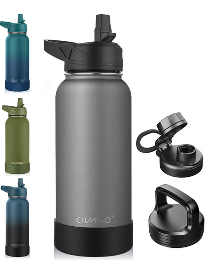 CIVAGO 40 oz Insulated Stainless Steel Water Bottle With Straw and 3 Lids | Large Metal Sports Water Jug, Leakproof Reusable Wide Mouth Thermal Flask Cup with Silicone Boot, BPA-Free, Midnight Black