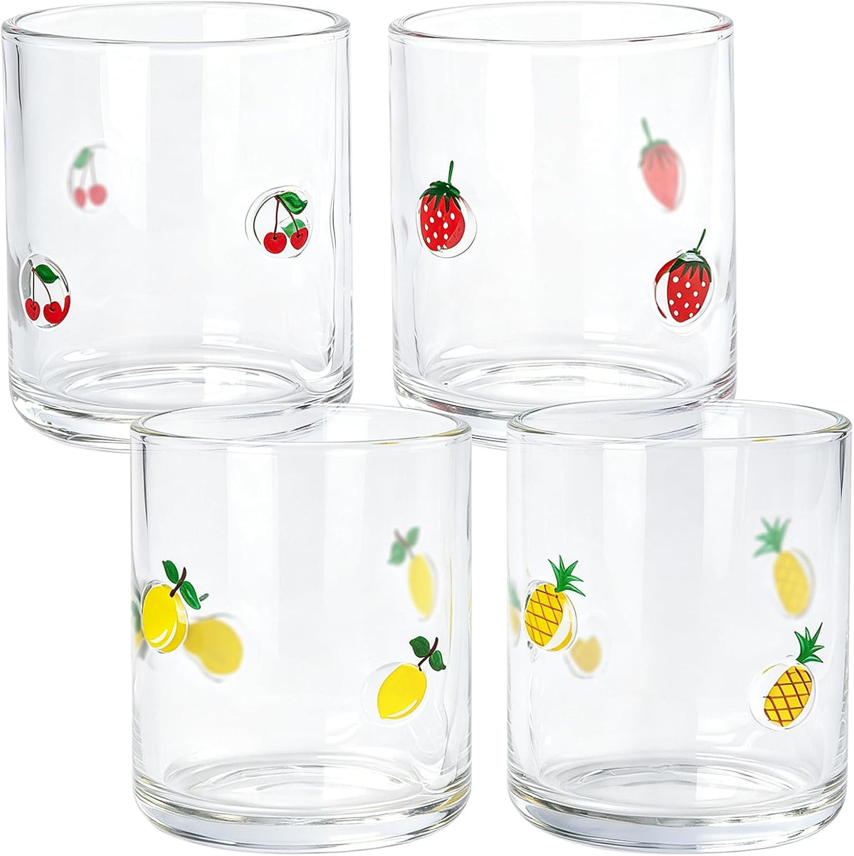 4 Pack Fruit Icon Juice Glasses Set | 14oz Stemless Fruit Printed Cups for Iced Coffee Juice Cocktails Water, Summer Party Glassware Housewarming Beverage Gift