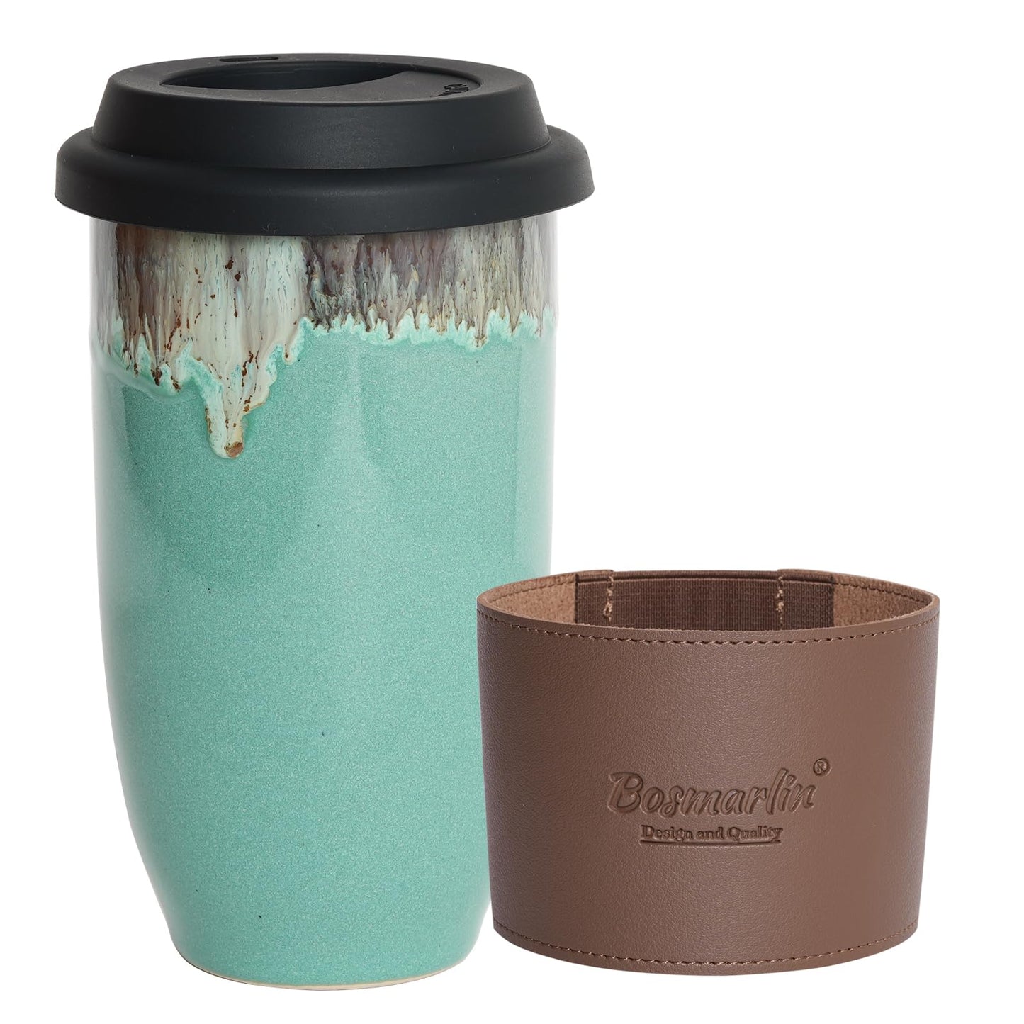 Bosmarlin Ceramic Travel Coffee Cup with Lid, 16 Oz, Portable Coffee Mug for Car Cup Holder, Microwave and Dishwasher Safe, Reactive Glaze (Deep BLue, 16 Oz)