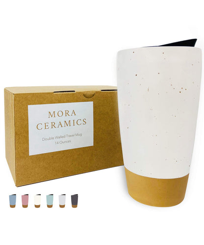 Mora Double Wall Ceramic Coffee Travel Mug with Lid, 14 oz, Portable, Microwave, Dishwasher Safe, Insulated Reusable Tall Cup, Splash Resistant Lid - To Go Tumbler for Car Cup Holder, Nightwaves