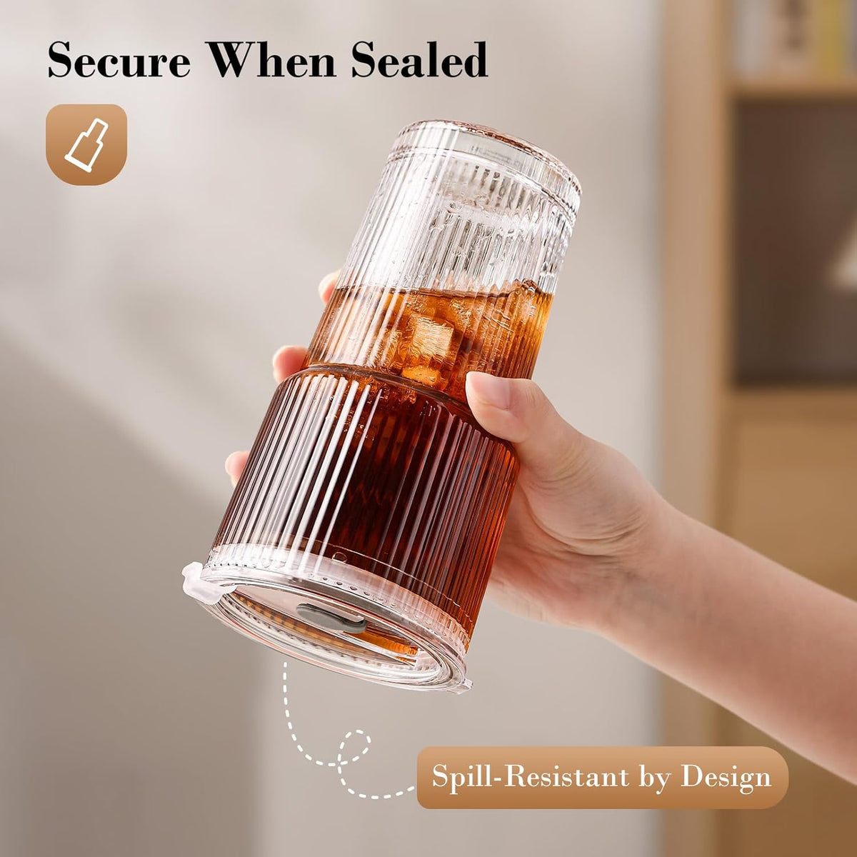 20oz Iced Coffee Cups with Lids, Ribbed Glass Cups with Lids and Straws | Thick Reusable Glass, Leak-Resistant Lids, Fits Most Car Cup Holders, For Iced Coffee, Tea, Smoothies and Cold Drinks